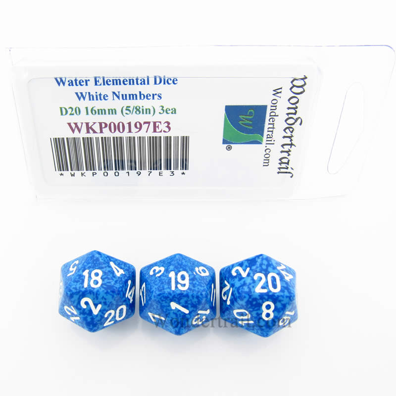 WKP00197E3 Water Elemental Dice White Numbers D20 16mm Pack of 3 (ONLINE ORDER ONLY)