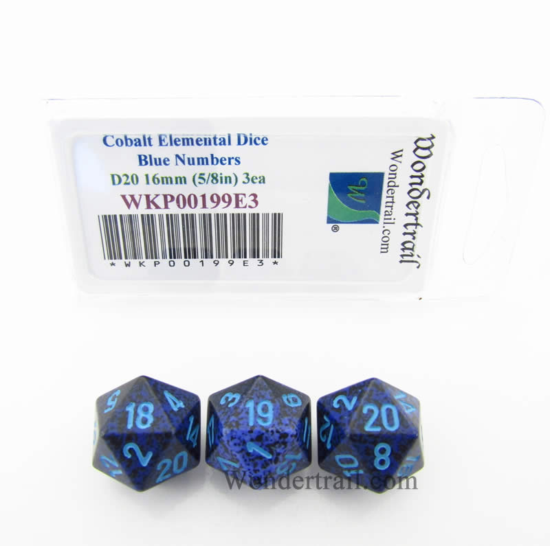 WKP00199E3 Cobalt Elemental Dice Blue Numbers D20 16mm Pack of 3 (ONLINE ORDER ONLY)