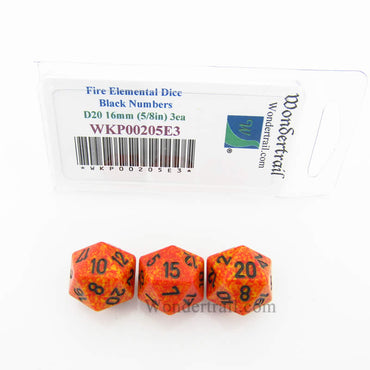 WKP00205E3 Fire Elemental Dice Black Numbers D20 Aprox 16mm Pack of 3 (ONLINE ORDER ONLY)