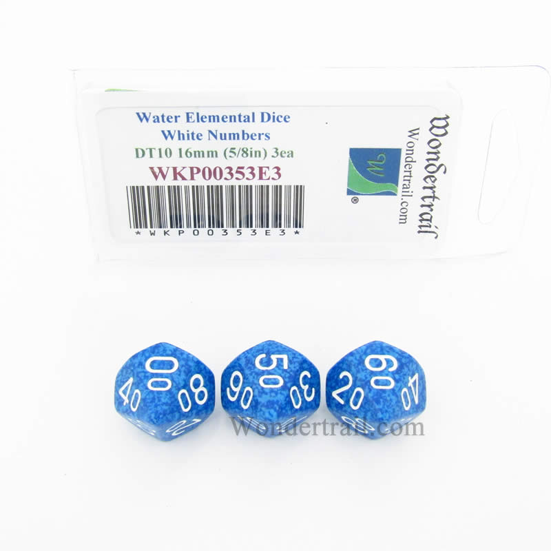 WKP00353E3 Water Elemental Dice White Numbers DT10 16mm Pack of 3 (ONLINE ORDER ONLY)