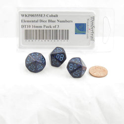 WKP00355E3 Cobalt Elemental Dice Blue Numbers DT10 16mm Pack of 3 (ONLINE ORDER ONLY)