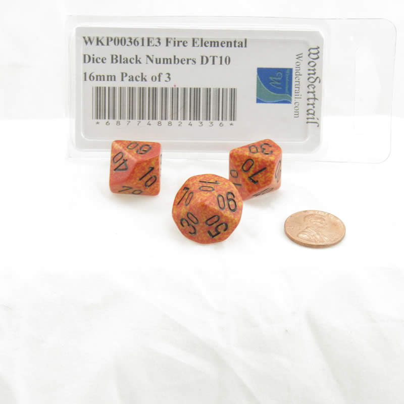 WKP00361E3 Fire Elemental Dice Black Numbers DT10 16mm Pack of 3 (ONLINE ORDER ONLY)