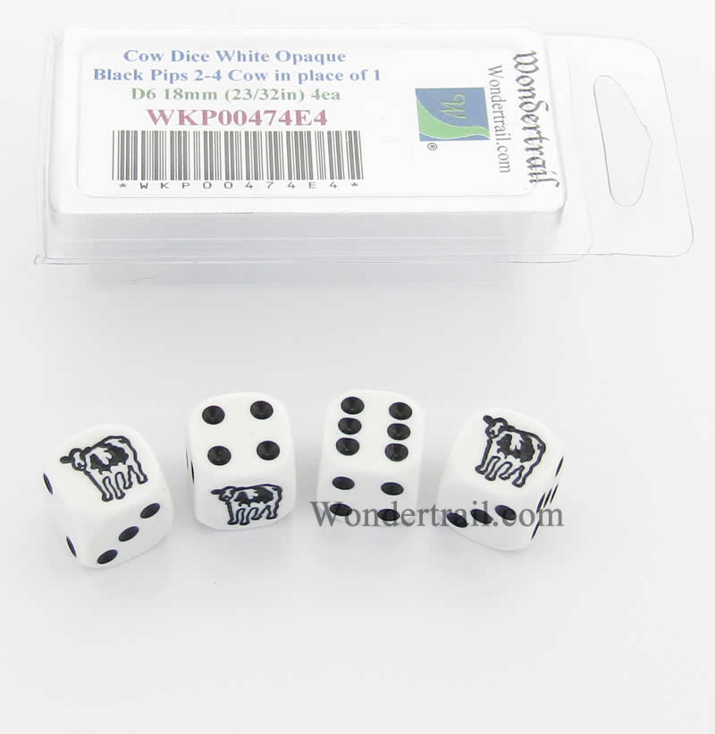 WKP00474E4 Cow Dice D6 White Opaque with Black Pips 16mm (5/8in) Set of 4 (ONLINE ORDER ONLY)