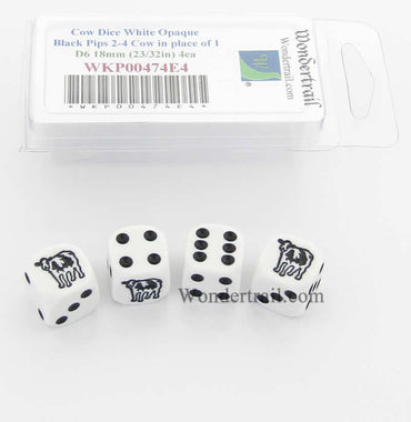 WKP00474E4 Cow Dice D6 White Opaque with Black Pips 16mm (5/8in) Set of 4 (ONLINE ORDER ONLY)