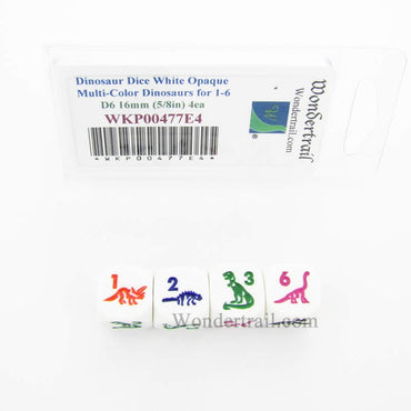 WKP00477E4 Dinosaur Dice D6 White Opaque Multi-Color Dinasaurs 16mm Set of 4 (ONLINE ORDER ONLY)
