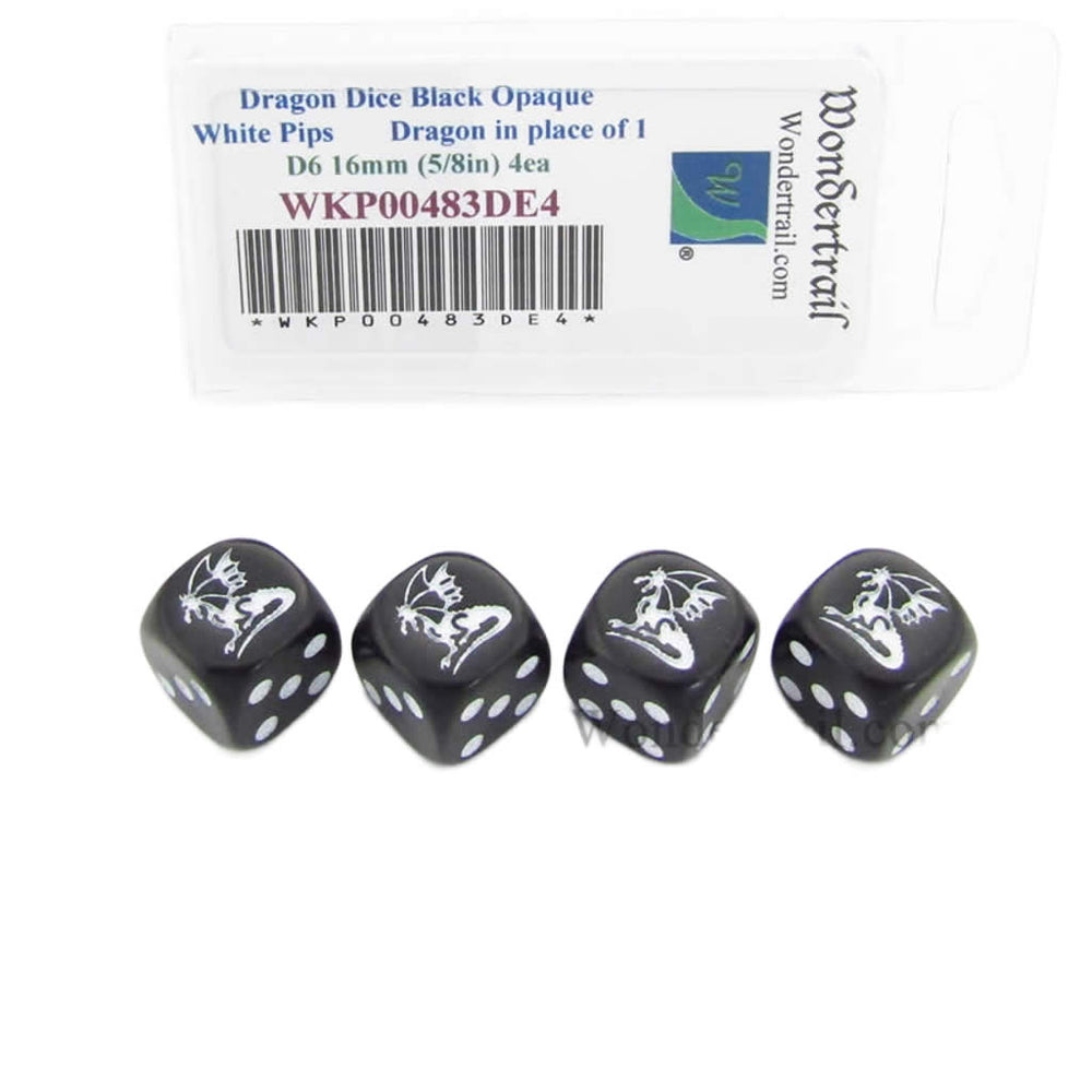 WKP00483DE4 Dragon Dice Black Opaque with White Pips D6 16mm (5/8in) Set of 4 Dice (ONLINE ORDER ONLY)