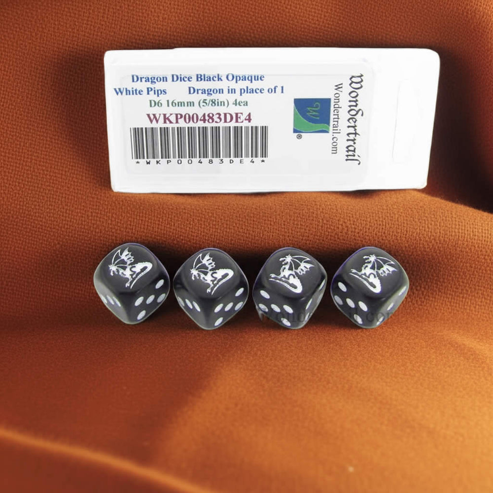WKP00483DE4 Dragon Dice Black Opaque with White Pips D6 16mm (5/8in) Set of 4 Dice (ONLINE ORDER ONLY)