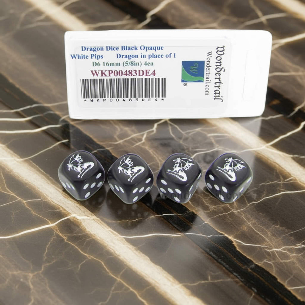 WKP00483DE4 Dragon Dice Black Opaque with White Pips D6 16mm (5/8in) Set of 4 Dice (ONLINE ORDER ONLY)