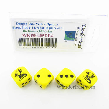 WKP00485DE4 Dragon Dice Yellow Opaque Black Pips D6 16mm Set of 4 (ONLINE ORDER ONLY)