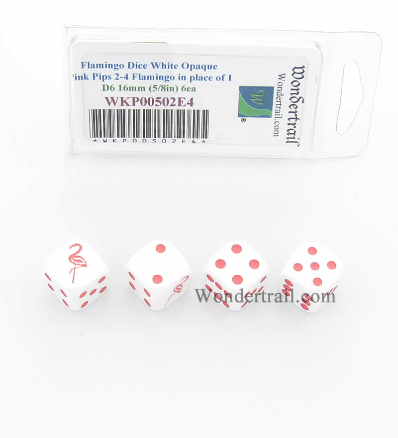 WKP00502E4 Flamingo Dice White Opaque Pink Pips D6 16mm Set of 4 (ONLINE ORDER ONLY)