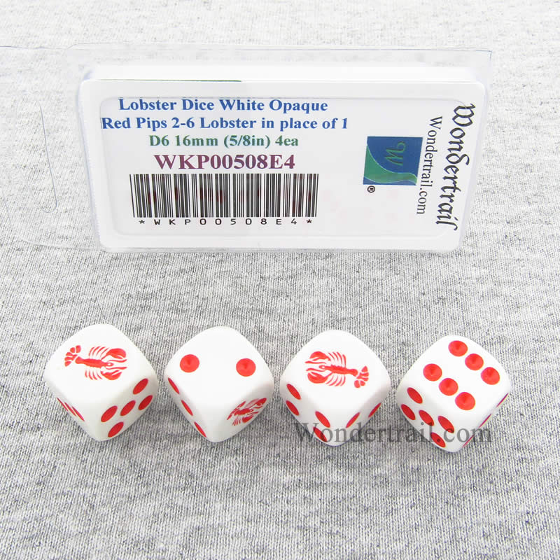 WKP00508E4 Lobster Dice White Opaque Red Pips D6 16mm Set of 4 (ONLINE ORDER ONLY)