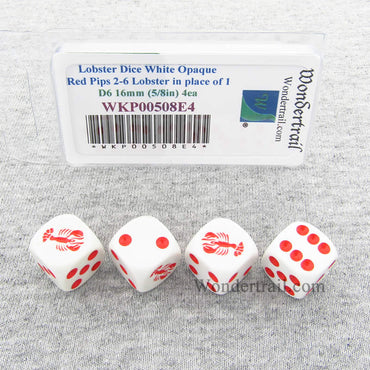 WKP00508E4 Lobster Dice White Opaque Red Pips D6 16mm Set of 4 (ONLINE ORDER ONLY)