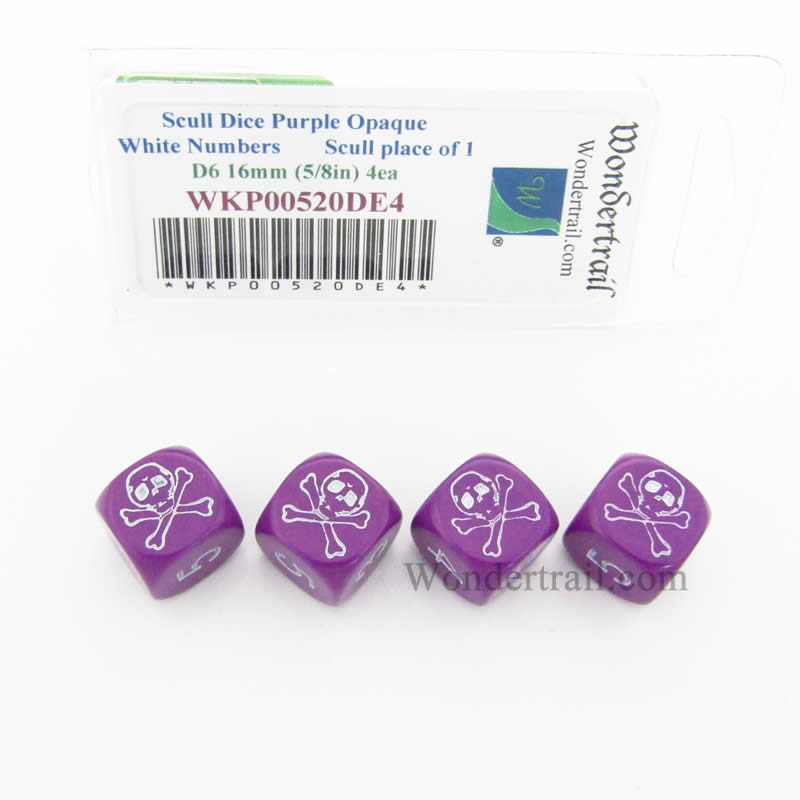 WKP00520DE4 Skull Dice Purple Opaque White Numbers D6 16mm Set of 4 (ONLINE ORDER ONLY)