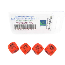 WKP00521DE4 Skull Dice Red Opaque with Black Numbers D6 16mm (5/8in) Set of 4 Dice (ONLINE ORDER ONLY)
