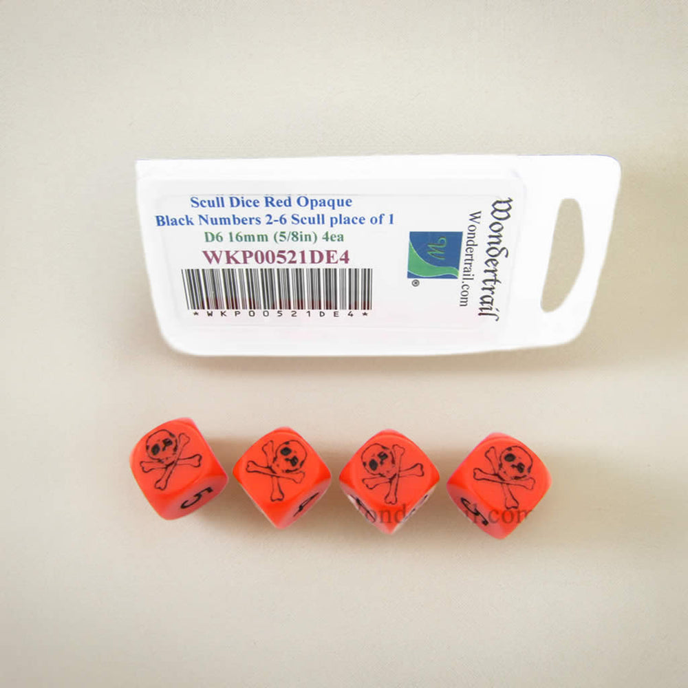 WKP00521DE4 Skull Dice Red Opaque with Black Numbers D6 16mm (5/8in) Set of 4 Dice (ONLINE ORDER ONLY)