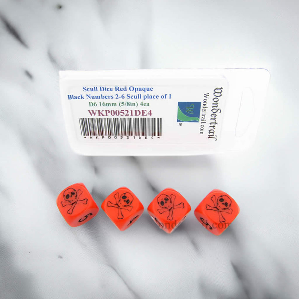 WKP00521DE4 Skull Dice Red Opaque with Black Numbers D6 16mm (5/8in) Set of 4 Dice (ONLINE ORDER ONLY)