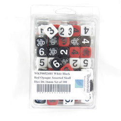 WKP00524B1 White Black Red Opaque Assorted Skull Dice D6 16mm Set of 100 (ONLINE ORDER ONLY)