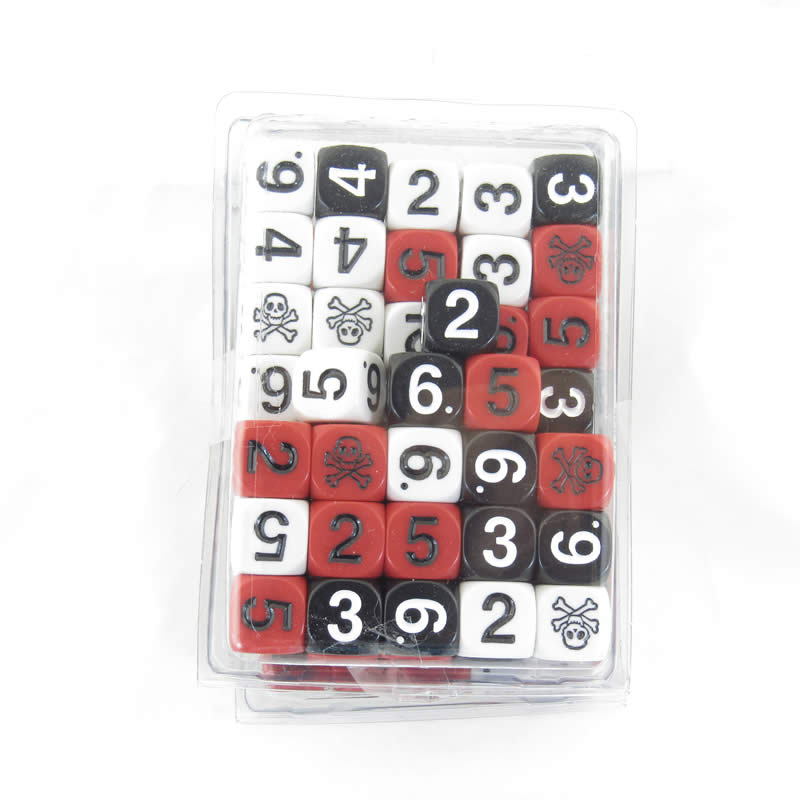WKP00524B1 White Black Red Opaque Assorted Skull Dice D6 16mm Set of 100 (ONLINE ORDER ONLY)