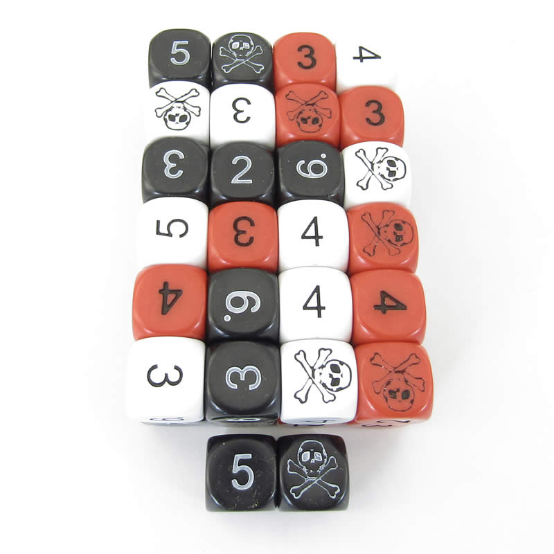 WKP00524E50 White Black and Red Opaque Assorted Skull Dice D6 16mm Set of 50 (ONLINE ORDER ONLY)