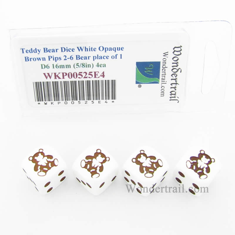 WKP00525E4 Teddy Bear Dice White Opaque Brown Pips D6 16mm Set of 4 (ONLINE ORDER ONLY)