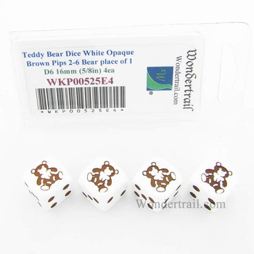 WKP00525E4 Teddy Bear Dice White Opaque Brown Pips D6 16mm Set of 4 (ONLINE ORDER ONLY)