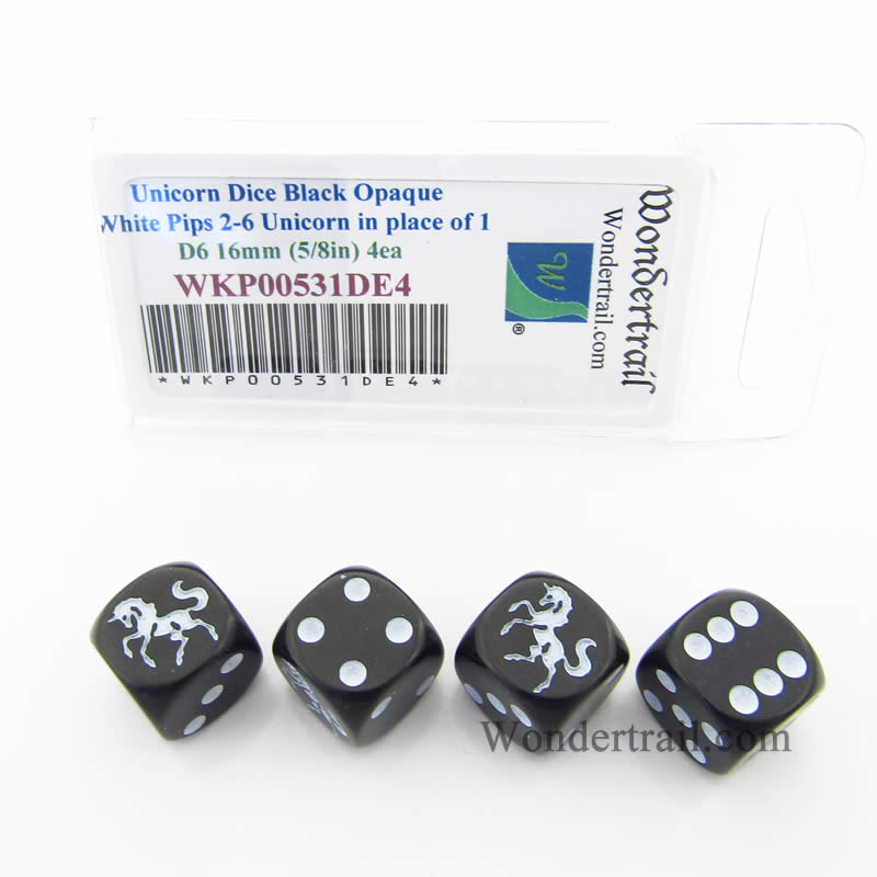 WKP00531DE4 Unicorn Dice Black Opaque White Pips D6 16mm Set of 4 (ONLINE ORDER ONLY)