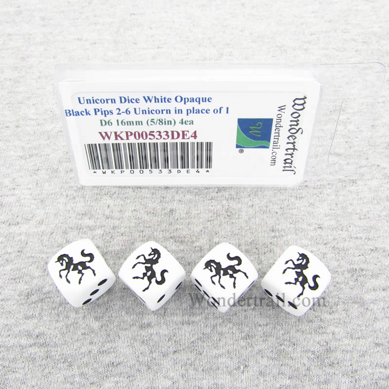 WKP00533DE4 Unicorn Dice White Opaque Black Pips D6 16mm Set of 4 (ONLINE ORDER ONLY)