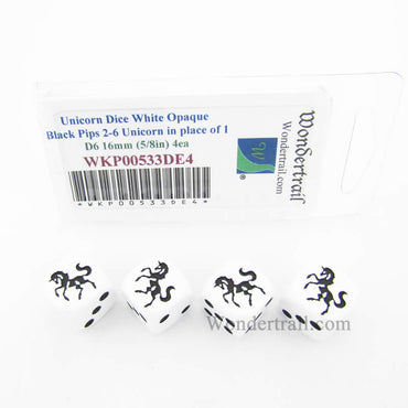 WKP00533DE4 Unicorn Dice White Opaque Black Pips D6 16mm Set of 4 (ONLINE ORDER ONLY)