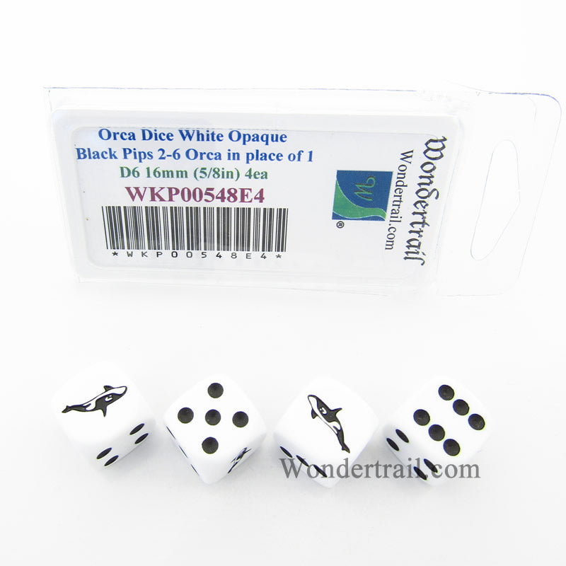 WKP00548E4 Orca Dice White Opaque Black Pips D6 16mm (5/8in) Set of 4 (ONLINE ORDER ONLY)
