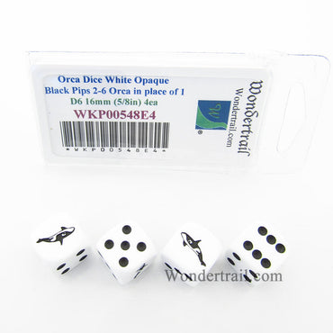 WKP00548E4 Orca Dice White Opaque Black Pips D6 16mm (5/8in) Set of 4 (ONLINE ORDER ONLY)