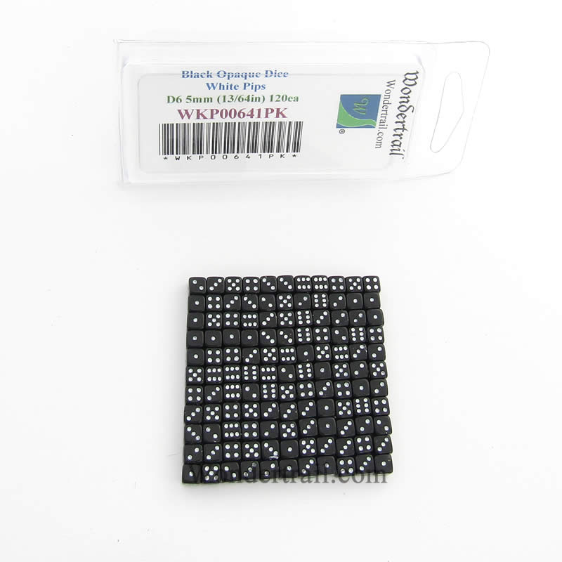 WKP00641PK Black Opaque Dice White Pips D6 5mm (13/64in) Pack of 120 (ONLINE ORDER ONLY)