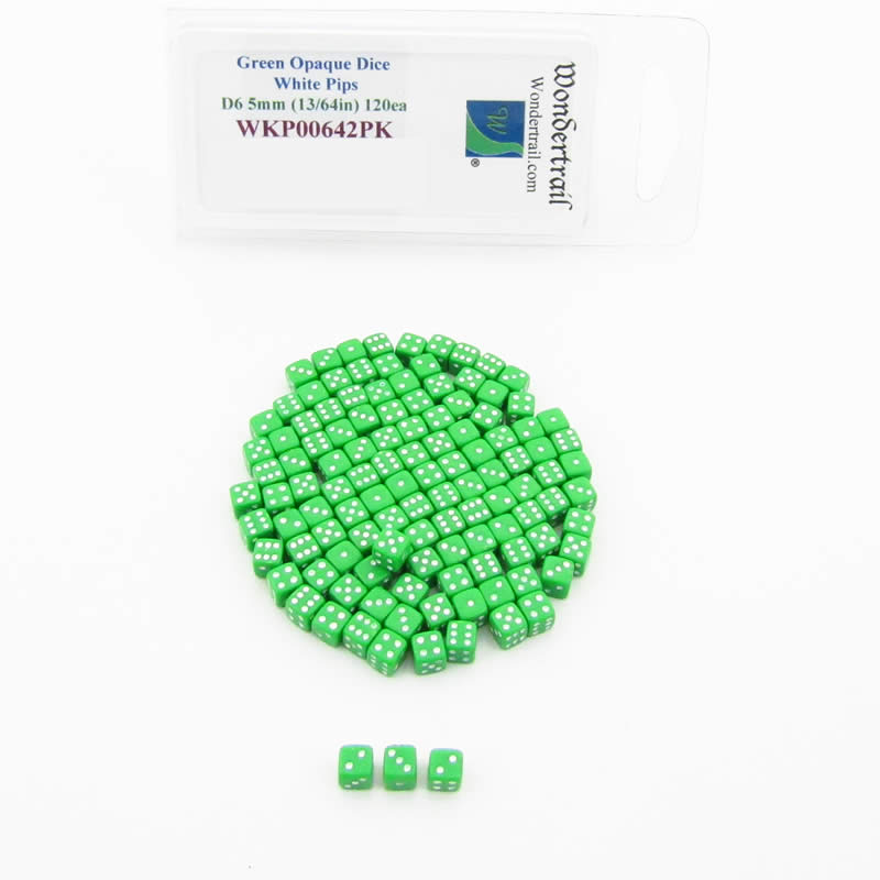 WKP00642PK Green Opaque Dice White Pips D6 5mm (13/64in) Pack of 120 (ONLINE ORDER ONLY)