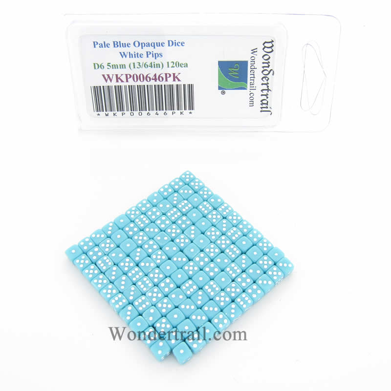 WKP00646PK Pale Blue Opaque Dice White Pips D6 5mm Pack of 120 (ONLINE ORDER ONLY)