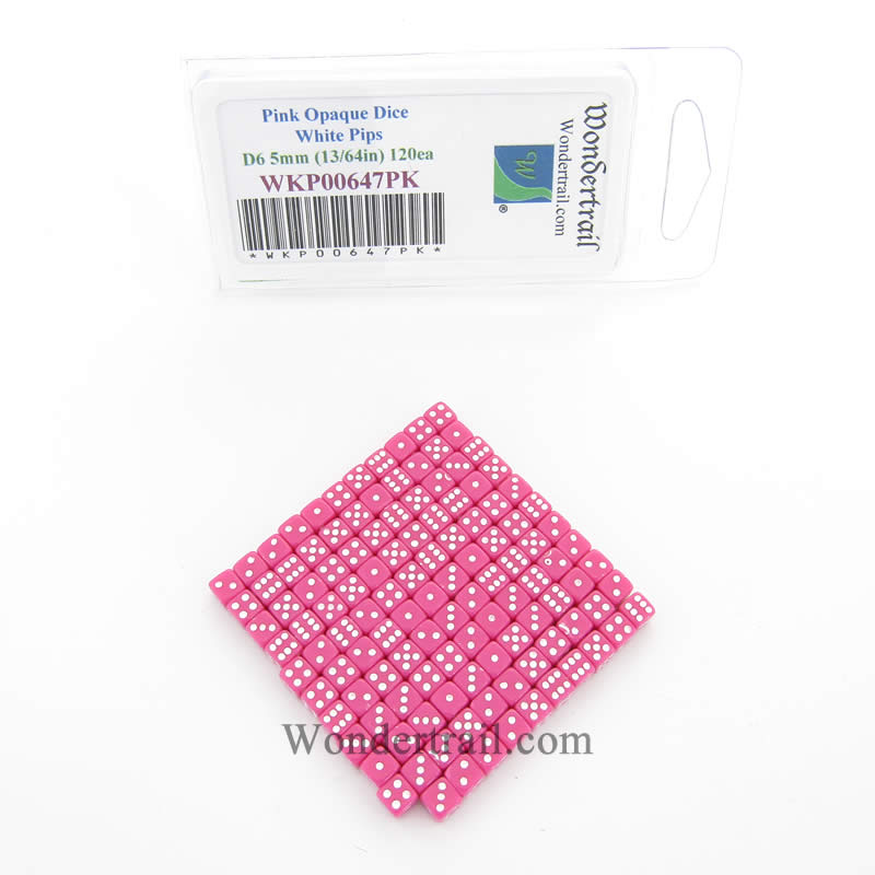 WKP00647PK Pink Opaque Dice White Pips D6 5mm (13/64in) Pack of 120 (ONLINE ORDER ONLY)