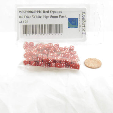 WKP00649PK Red Opaque D6 Dice White Pips 5mm Pack of 120 (ONLINE ORDER ONLY)