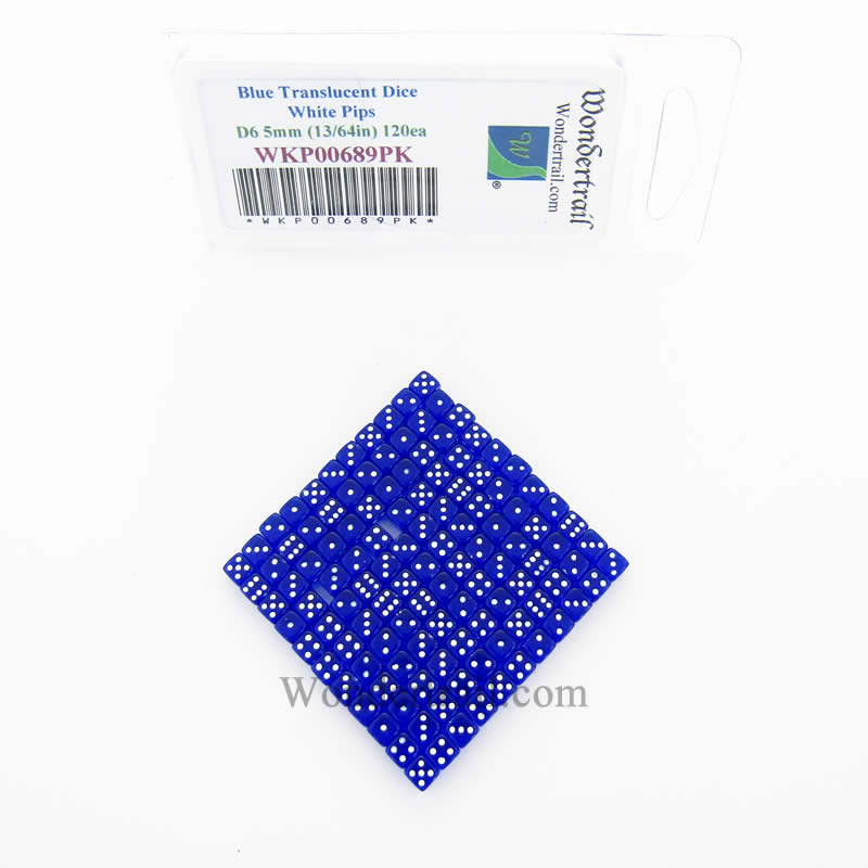 WKP00689PK Blue Translucent D6 Dice White Pips 5mm Pack of 120 (ONLINE ORDER ONLY)