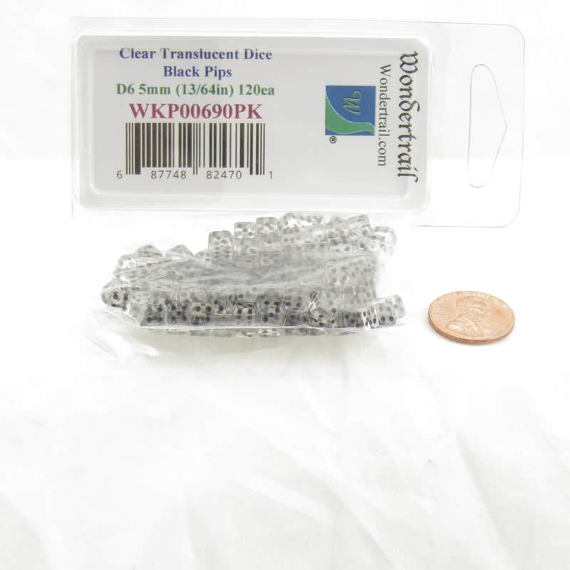 WKP00690PK Clear Translucent Dice Black Pips D6 5mm Pack of 120 (ONLINE ORDER ONLY)