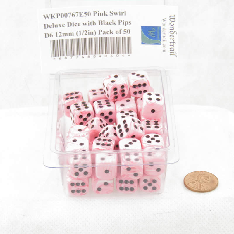 WKP00767E50 Pink Swirl Deluxe Dice with Black Pips D6 12mm (1/2in) Pack of 50 (ONLINE ORDER ONLY)