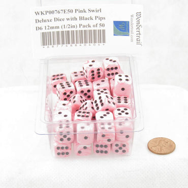 WKP00767E50 Pink Swirl Deluxe Dice with Black Pips D6 12mm (1/2in) Pack of 50 (ONLINE ORDER ONLY)