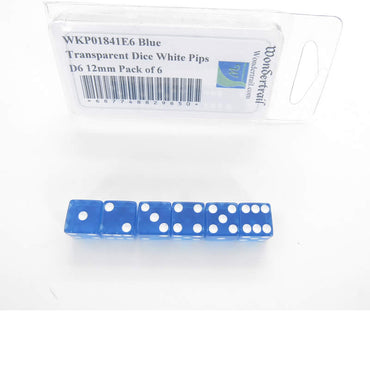 WKP01841E6 Blue Transparent Dice White Pips D6 12mm Pack of 6 (ONLINE ORDER ONLY)