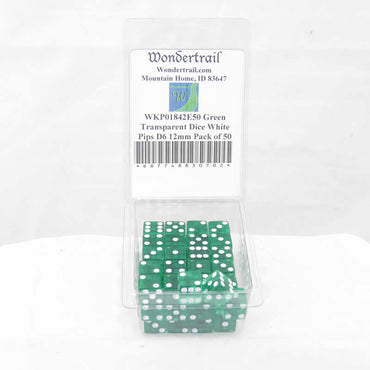 WKP01842E50 Green Transparent Dice White Pips D6 12mm Pack of 50 (ONLINE ORDER ONLY)