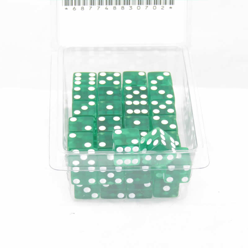 WKP01842E50 Green Transparent Dice White Pips D6 12mm Pack of 50 (ONLINE ORDER ONLY)