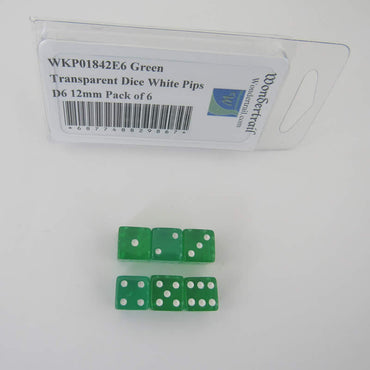 WKP01842E6 Green Transparent Dice White Pips D6 12mm Pack of 6 (ONLINE ORDER ONLY)