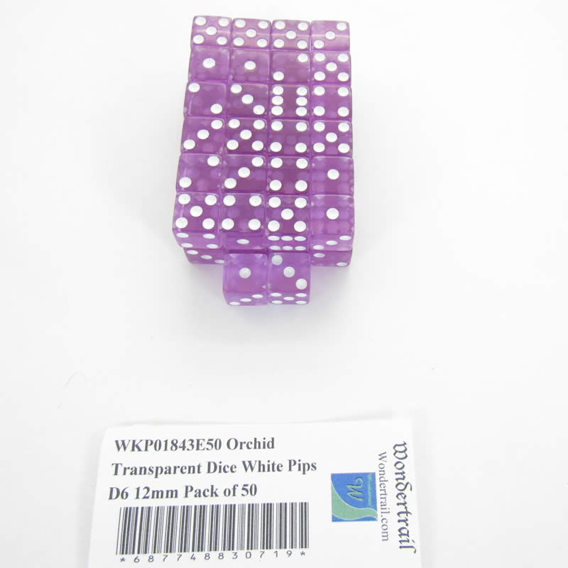 WKP01843E50 Orchid Transparent Dice White Pips D6 12mm Pack of 50 (ONLINE ORDER ONLY)