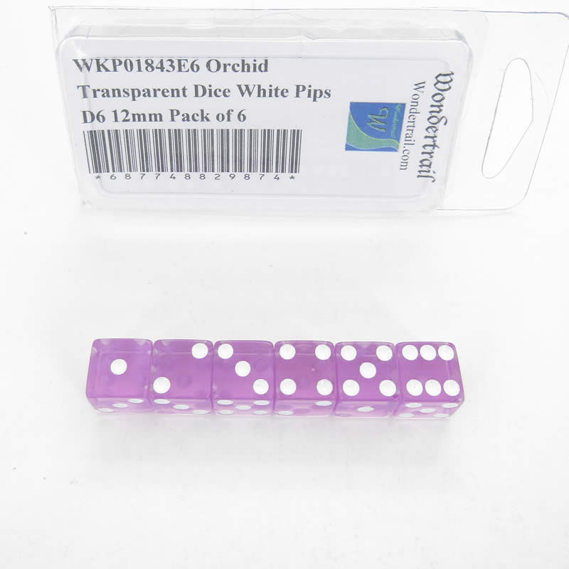 WKP01843E6 Orchid Transparent Dice White Pips D6 12mm Pack of 6 (ONLINE ORDER ONLY)