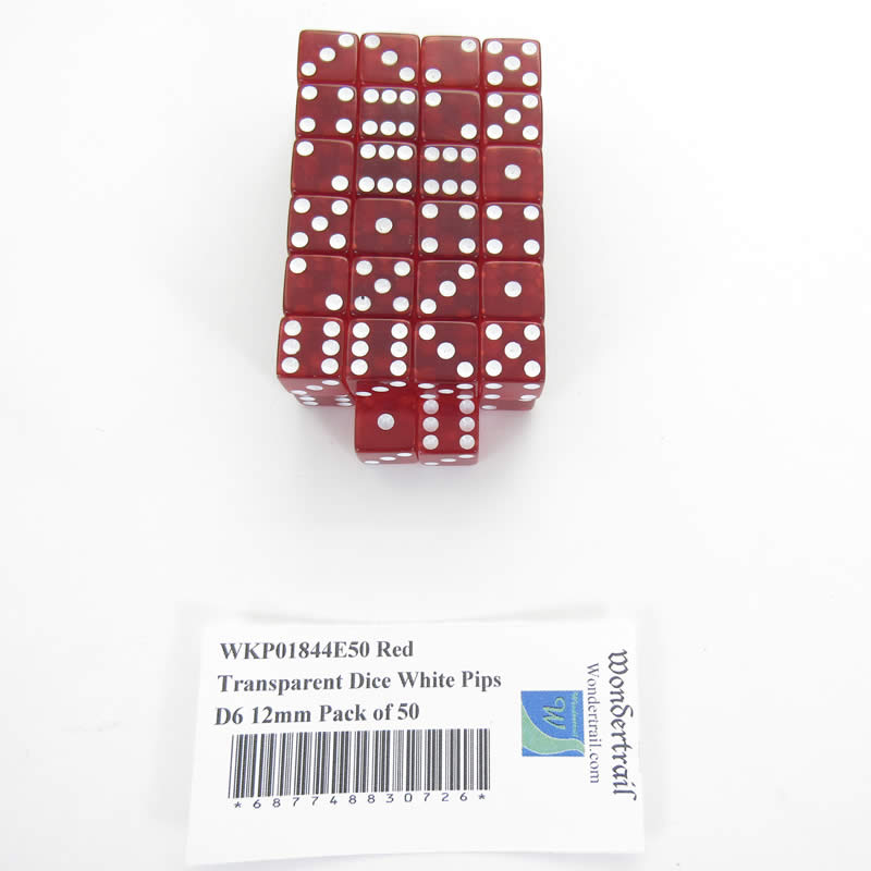 WKP01844E50 Red Transparent Dice White Pips D6 12mm Pack of 50 (ONLINE ORDER ONLY)