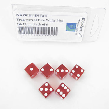 WKP01844E6 Red Transparent Dice White Pips D6 12mm Pack of 6 (ONLINE ORDER ONLY)