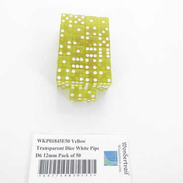 WKP01845E50 Yellow Transparent Dice with White Pips D6 12mm (1/2in) Pack of 50 (ONLINE ORDER ONLY)