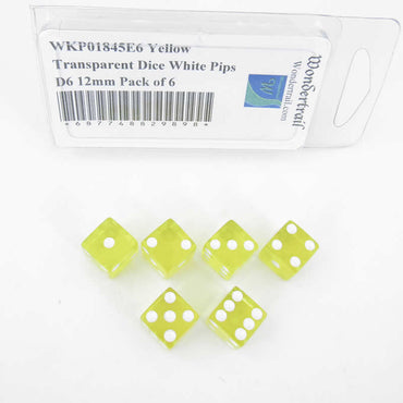 WKP01845E6 Yellow Transparent Dice White Pips D6 12mm Pack of 6 (ONLINE ORDER ONLY)
