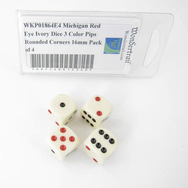 WKP01864E4 Michigan Red Eye Ivory Dice 3 Color Pips Rounded Corners 16mm Pack of 4 (ONLINE ORDER ONLY)
